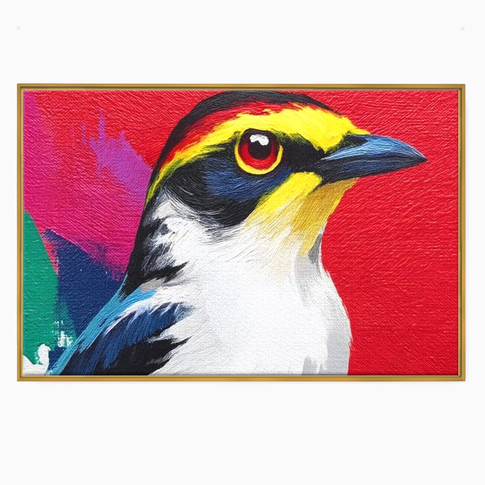 Tablou canvas cu tablou canvas cu pasare colorata in profil, in rama de aluminiu auriu