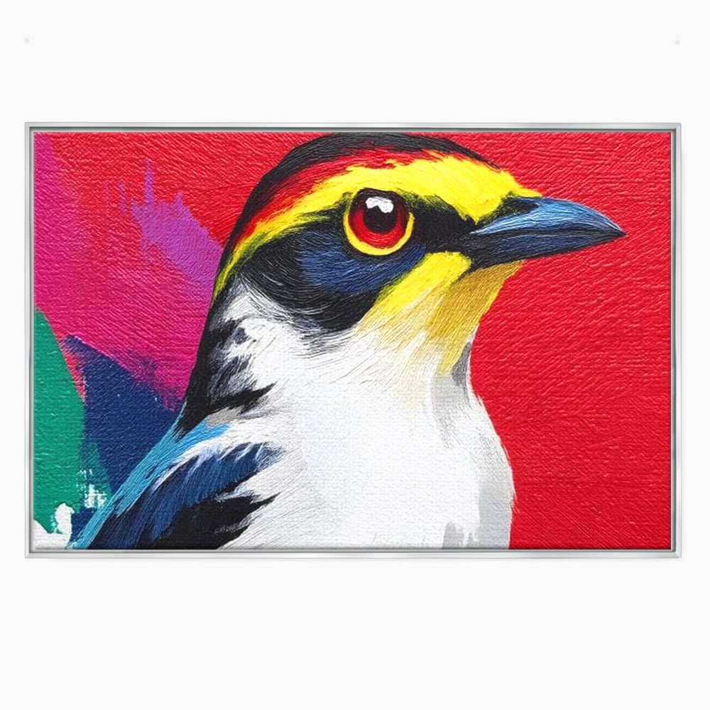 Tablou canvas cu tablou canvas cu pasare colorata in profil, in rama de aluminiu argintiu