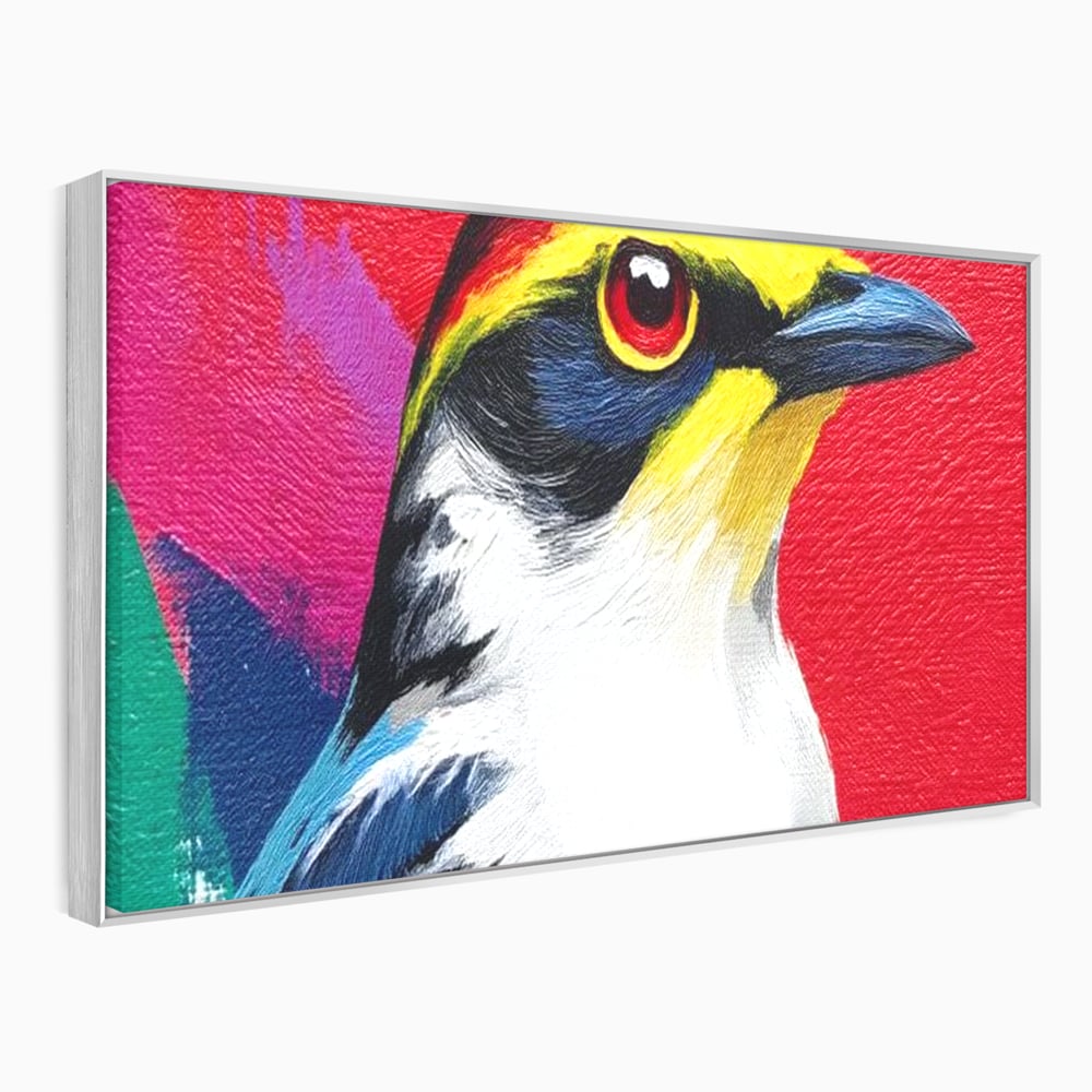 Tablou canvas cu tablou canvas cu pasare colorata in profil, in rama de aluminiu argintiu