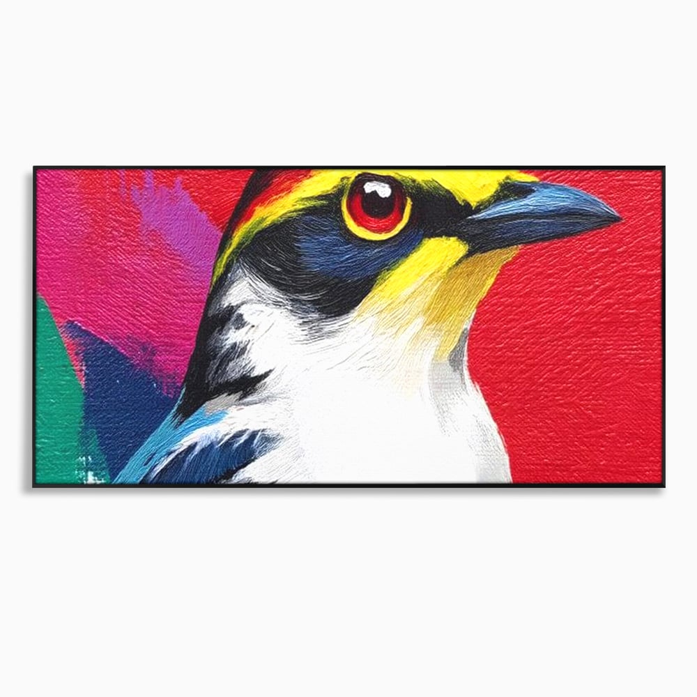 Tablou canvas cu tablou canvas cu pasare colorata in profil, in rama de aluminiu negru