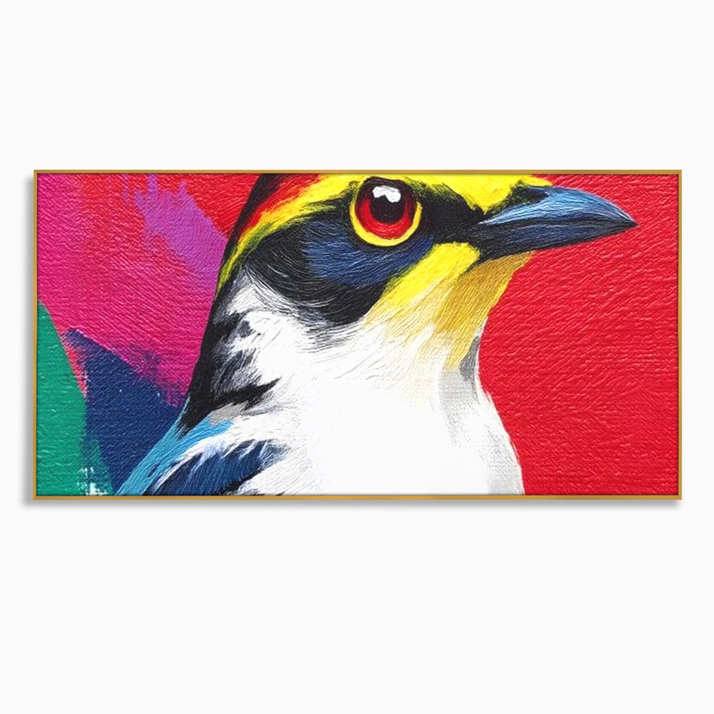 Tablou canvas cu tablou canvas cu pasare colorata in profil, in rama de aluminiu auriu