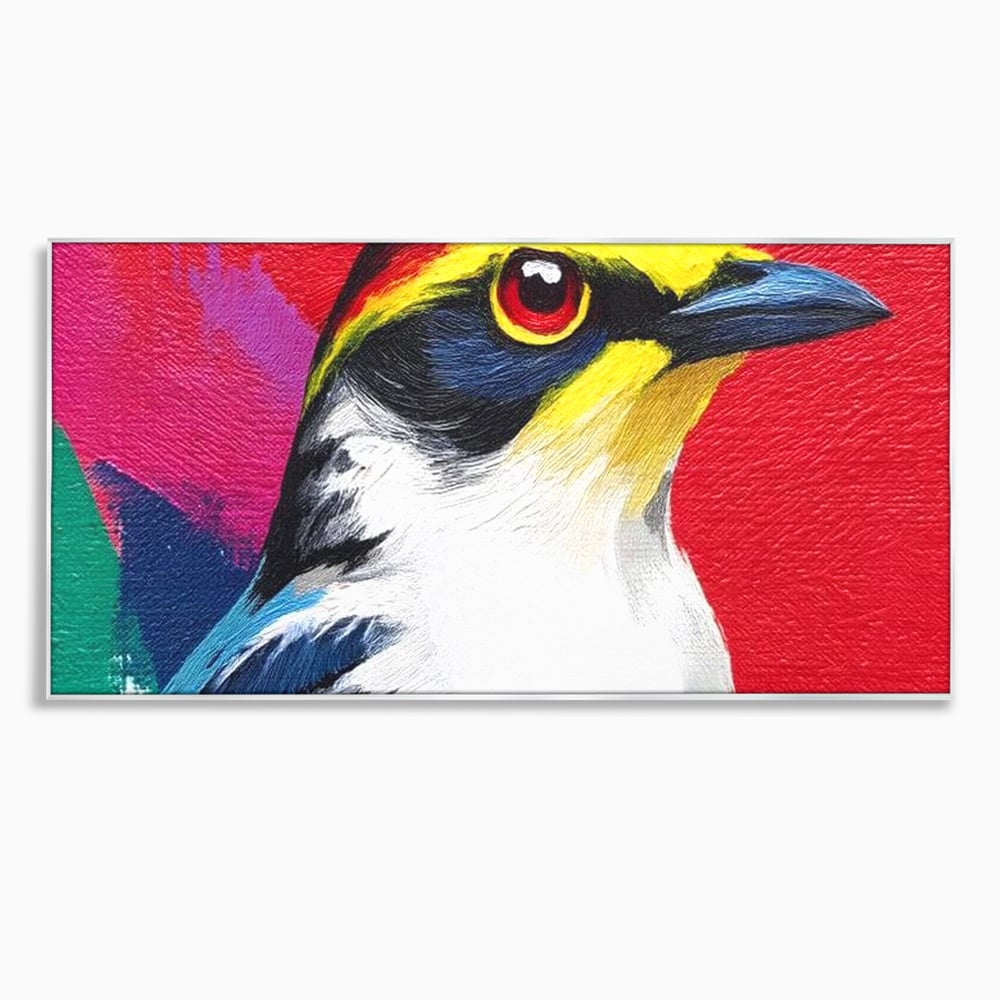 Tablou canvas cu tablou canvas cu pasare colorata in profil, in rama de aluminiu argintiu
