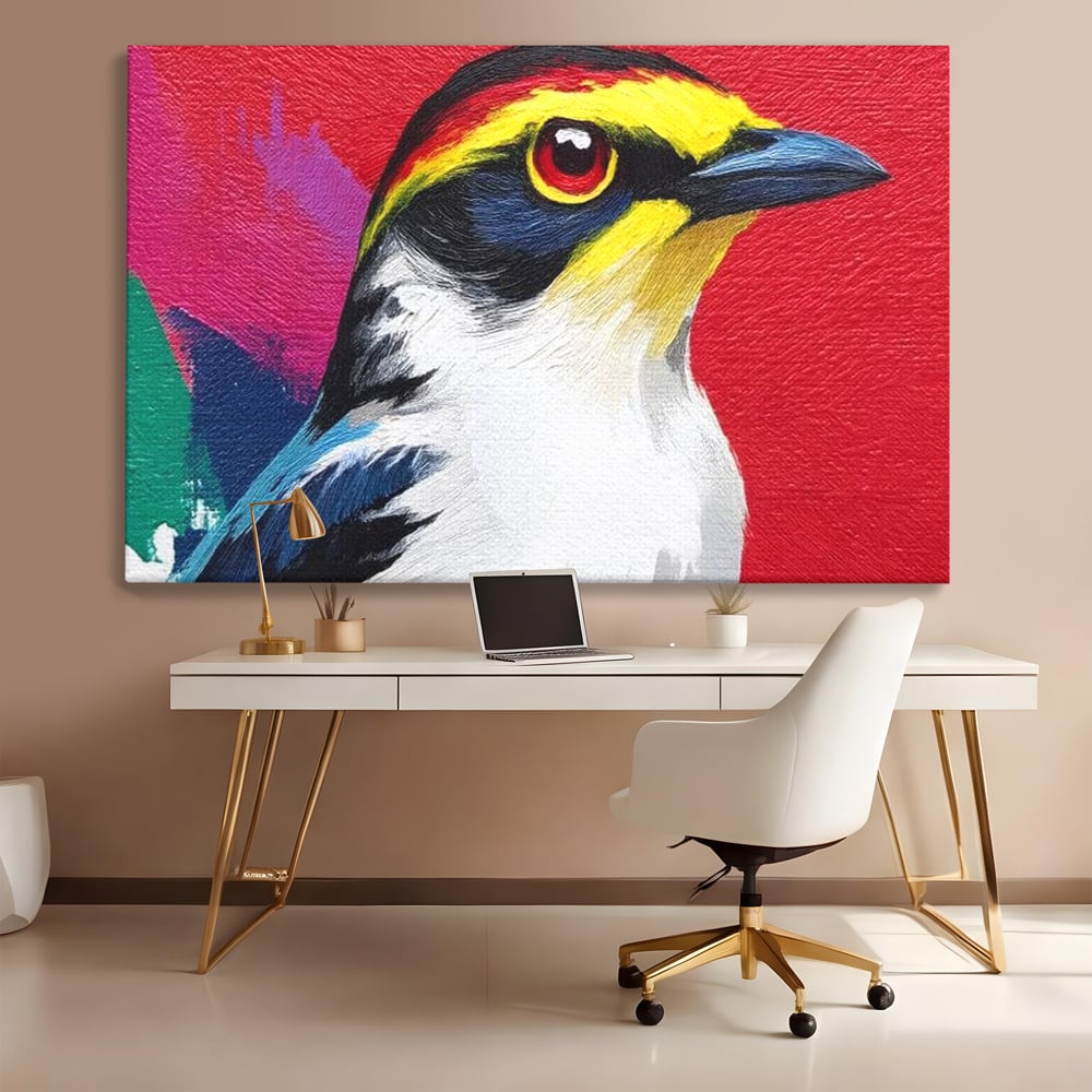 Tablou canvas cu tablou canvas cu pasare colorata in profil, fara rama, pe sasiu de lemn, pe perete intr-un birou