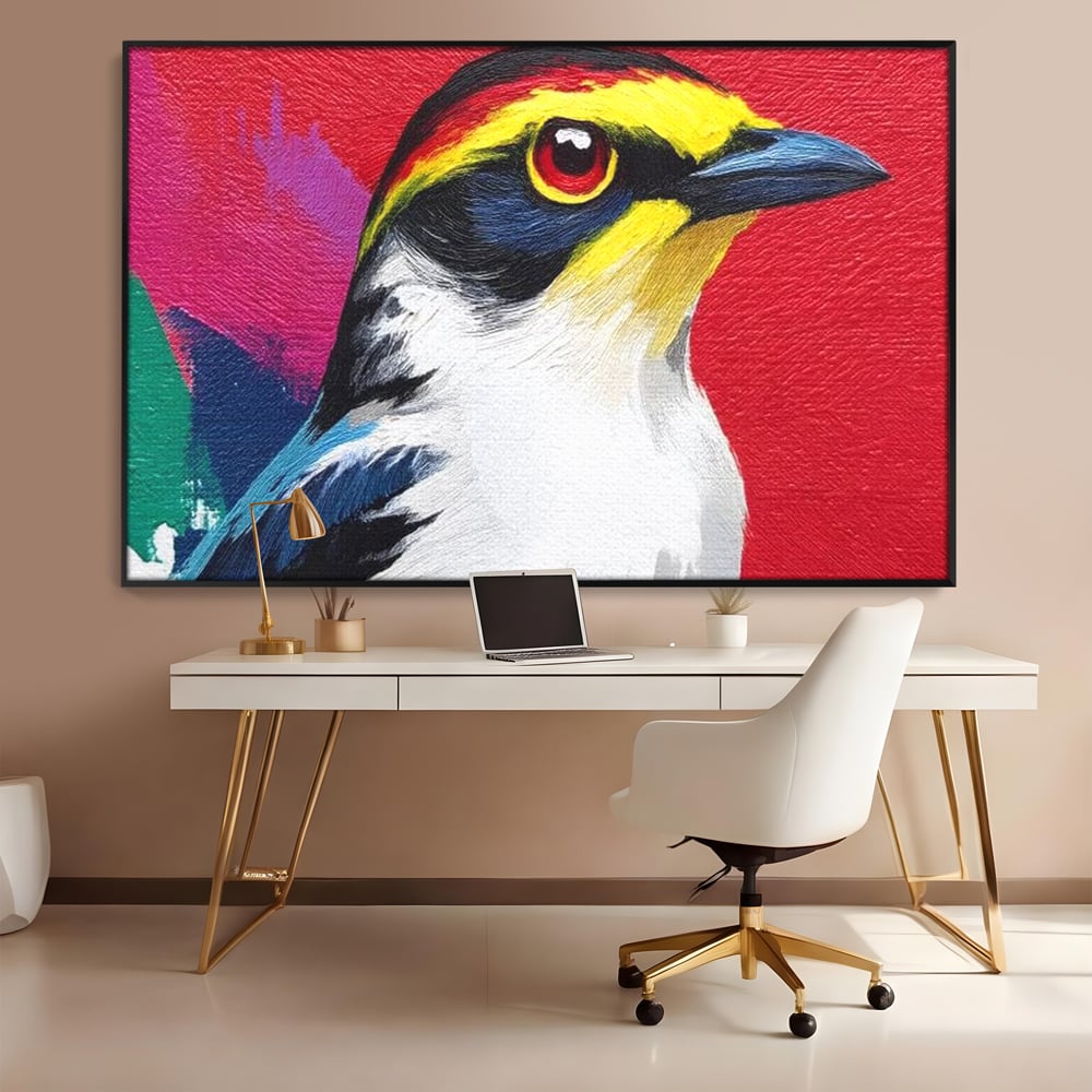 Tablou canvas cu tablou canvas cu pasare colorata in profil, in rama de aluminiu negru, pe perete intr-un birou