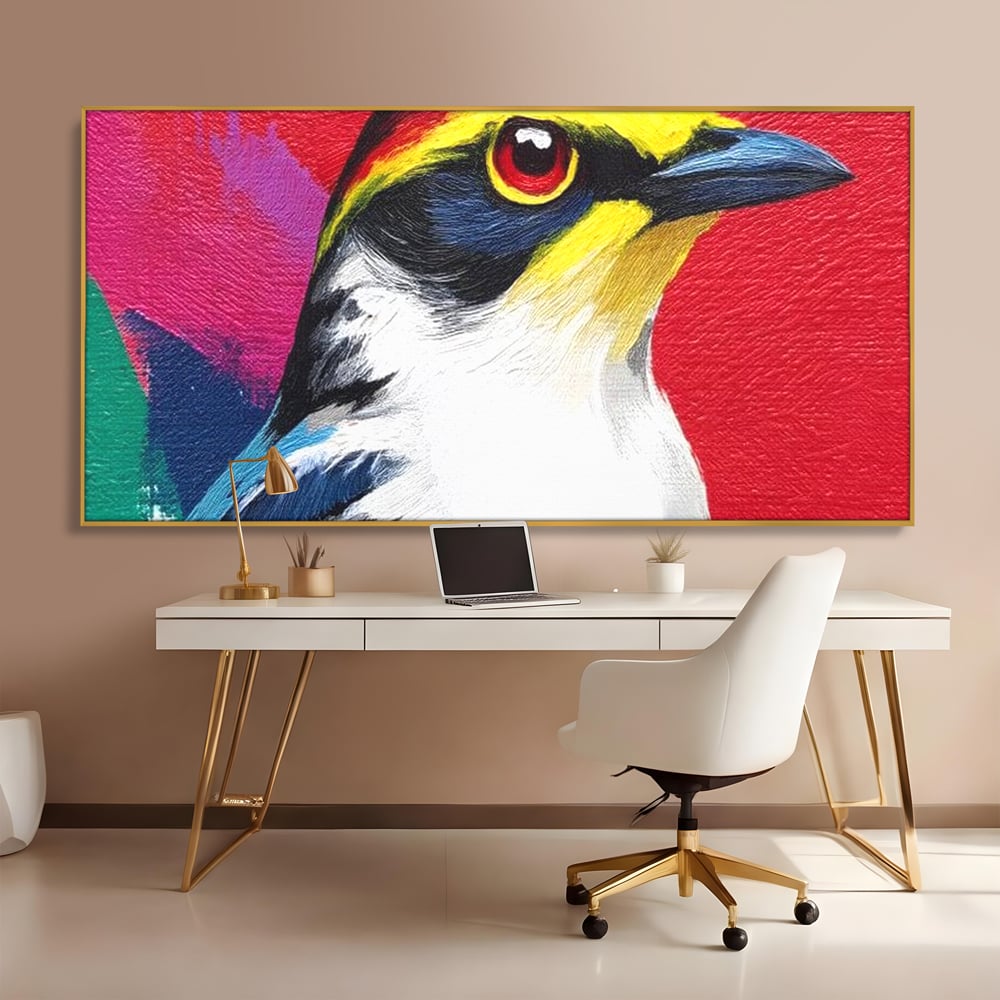 Tablou canvas cu tablou canvas cu pasare colorata in profil, in rama de aluminiu auriu, pe perete intr-un birou