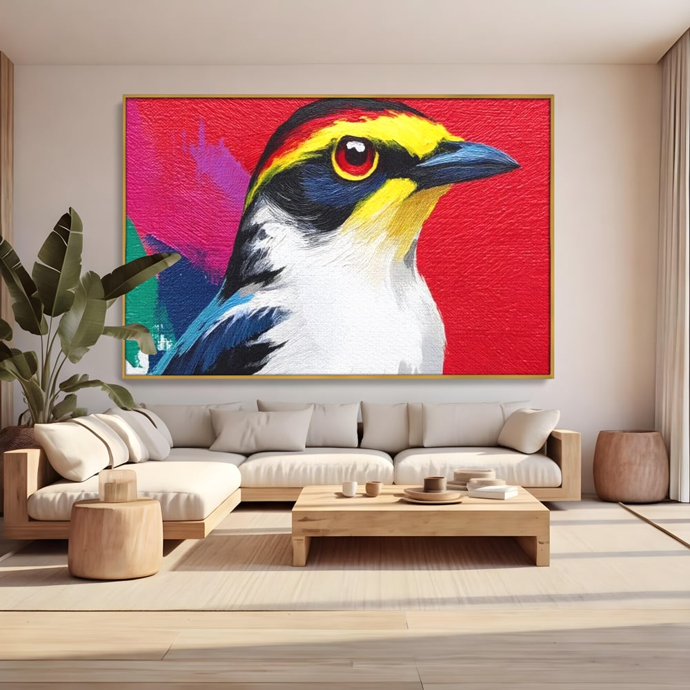 Tablou canvas cu tablou canvas cu pasare colorata in profil, in rama de aluminiu auriu, pe perete intr-un living