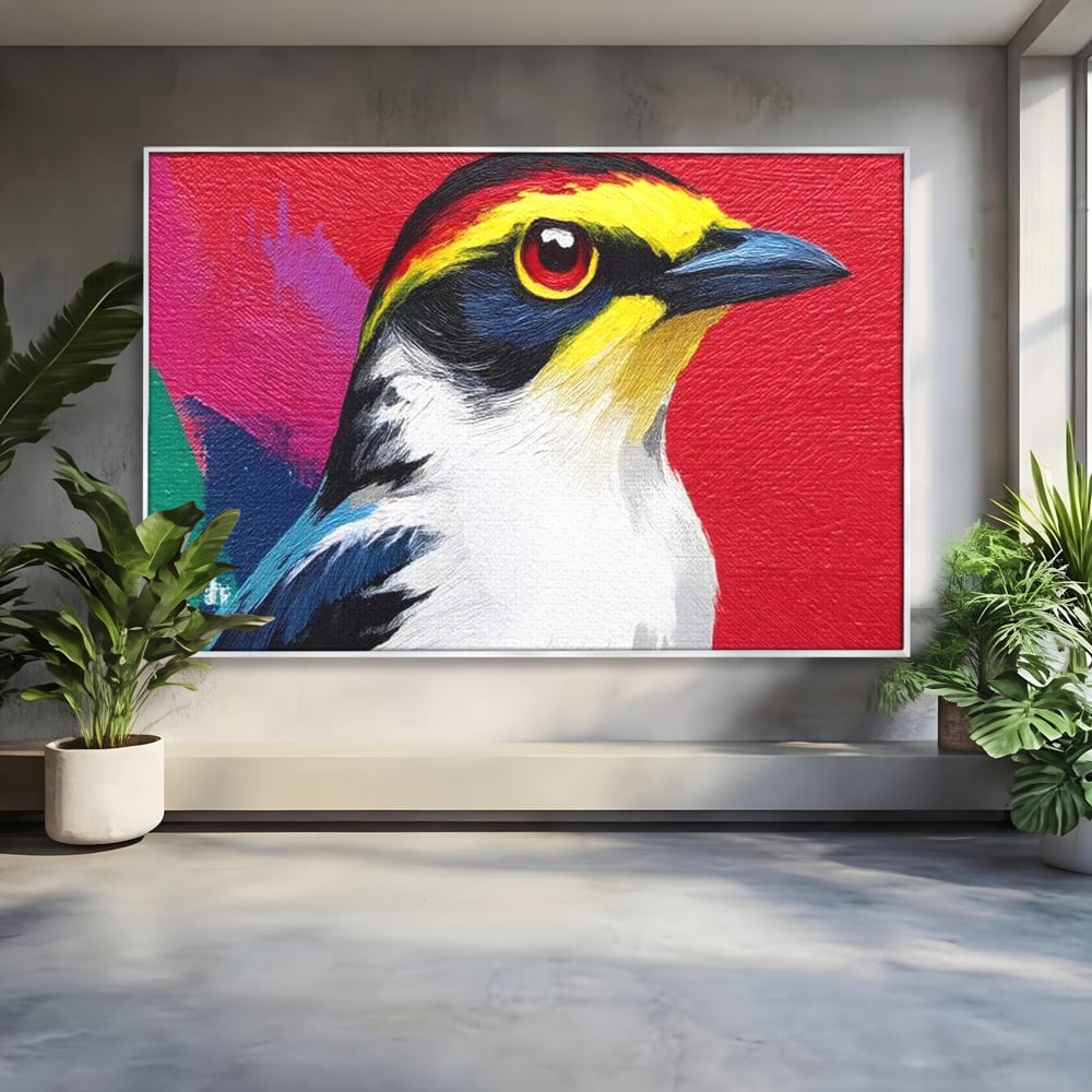 Tablou canvas cu tablou canvas cu pasare colorata in profil, in rama de aluminiu argintiu