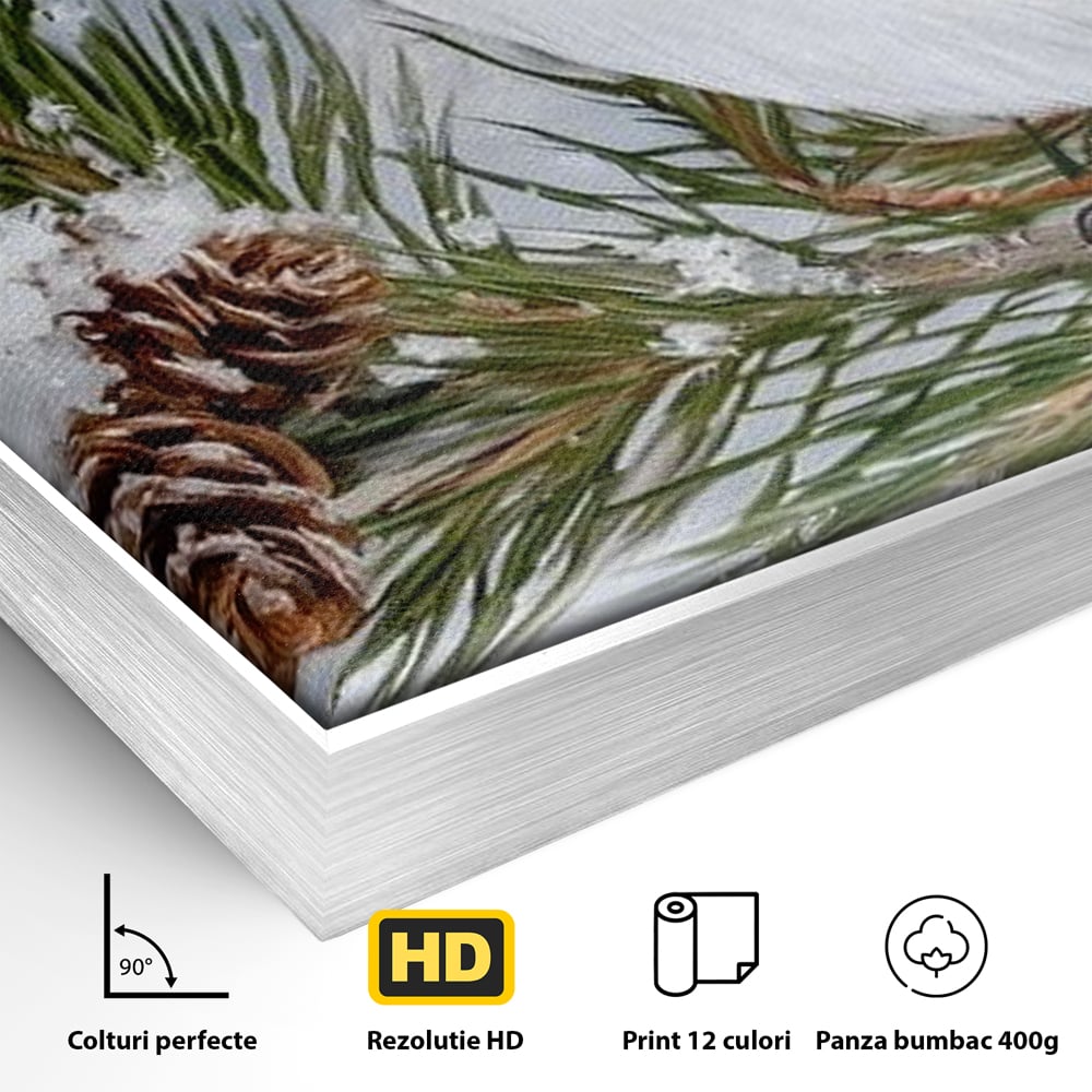Detaliu al suprafetei: tablou canvas cu pasare albastra pe ramura, in rama de aluminiu argintiu