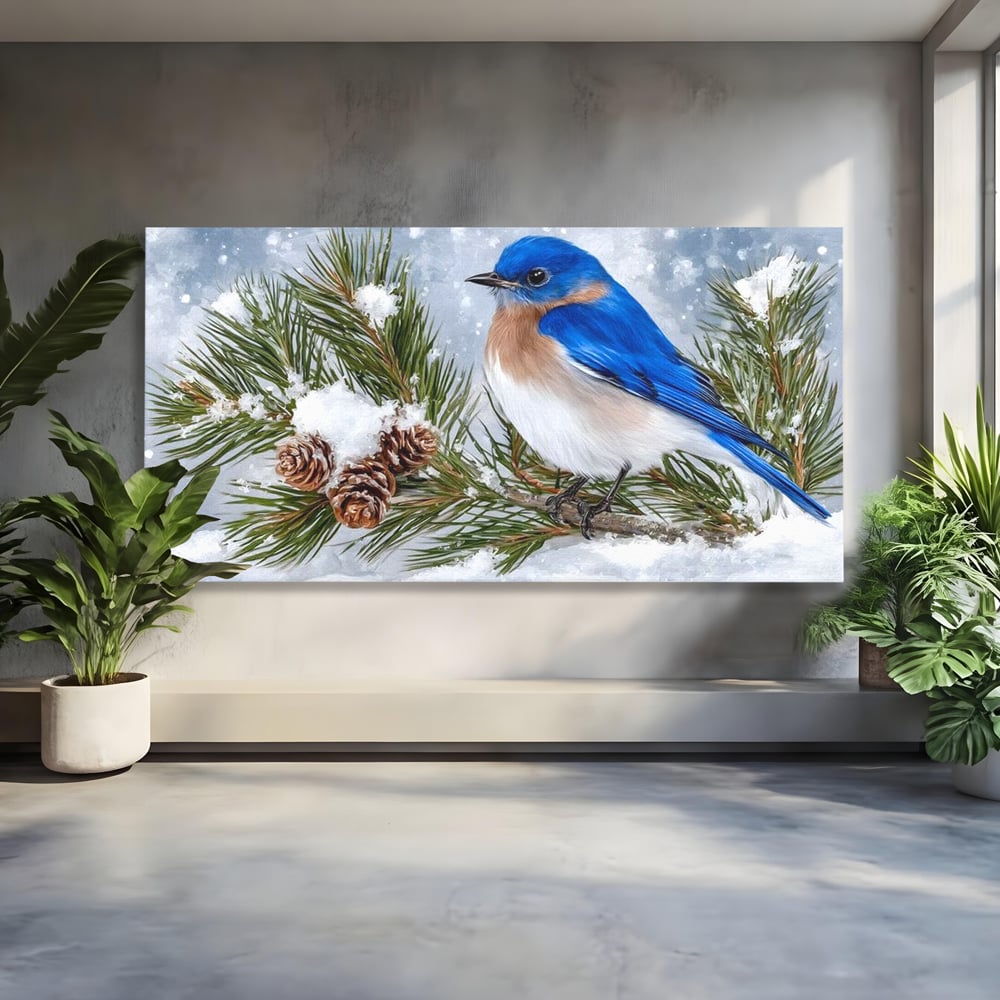 Tablou canvas cu tablou canvas cu pasare albastra pe ramura, fara rama, pe sasiu de lemn