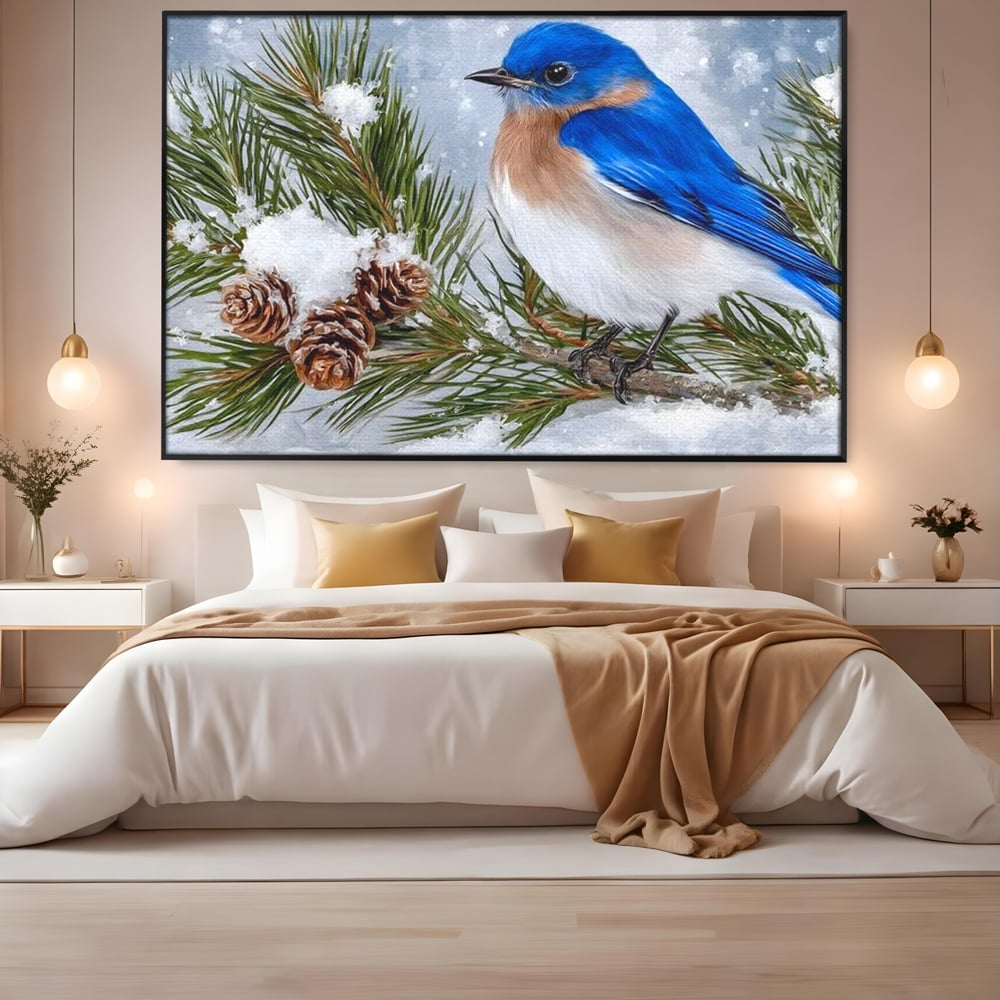 Tablou canvas cu tablou canvas cu pasare albastra pe ramura, in rama de aluminiu negru, pe perete intr-un dormitor