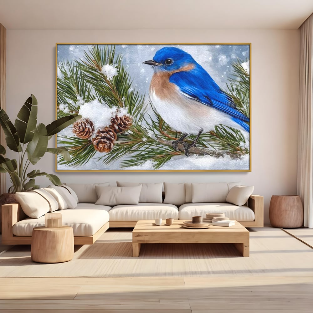 Tablou canvas cu tablou canvas cu pasare albastra pe ramura, in rama de aluminiu auriu, pe perete intr-un living
