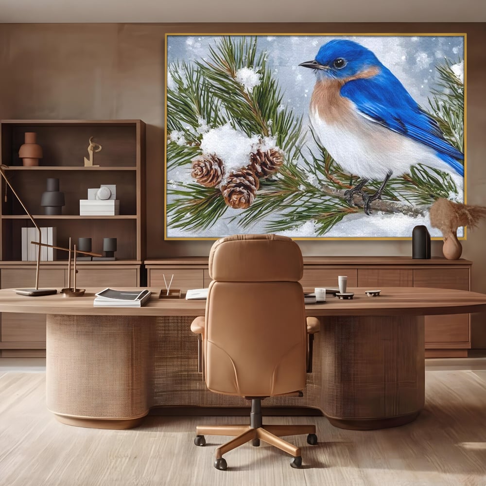 Tablou canvas cu tablou canvas cu pasare albastra pe ramura, in rama de aluminiu auriu, pe perete intr-un birou