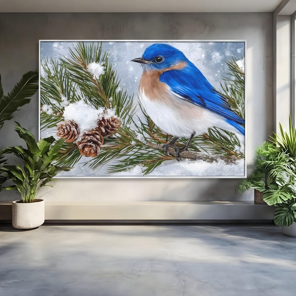 Tablou canvas cu tablou canvas cu pasare albastra pe ramura, in rama de aluminiu argintiu