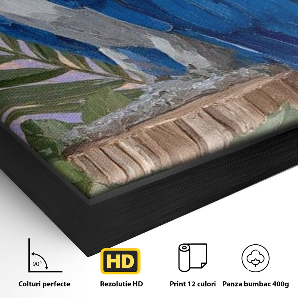 Detaliu al suprafetei: tablou canvas cu papagal albastru si flori, in rama de aluminiu negru