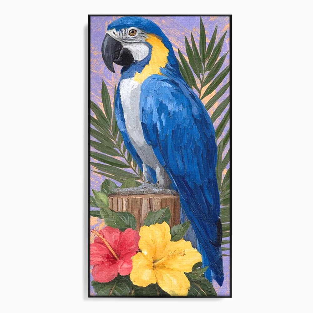 Tablou canvas cu tablou canvas cu papagal albastru si flori, in rama de aluminiu negru