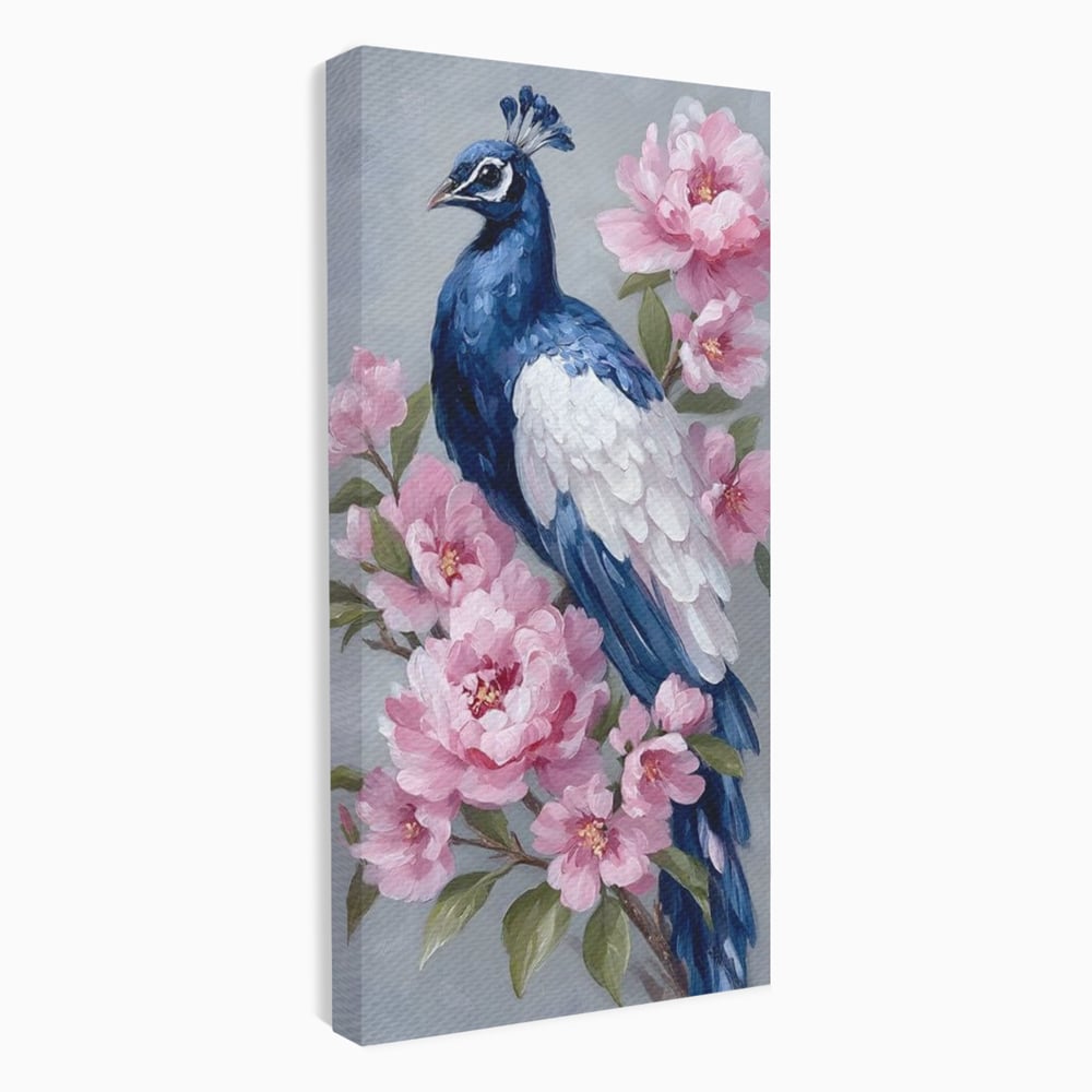 Tablou canvas cu tablou canvas cu paun si bujori roz, fara rama, pe sasiu de lemn