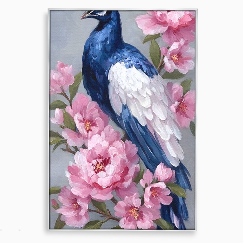 Tablou canvas cu tablou canvas cu paun si bujori roz, in rama de aluminiu argintiu