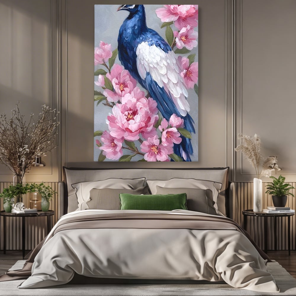 Tablou canvas cu tablou canvas cu paun si bujori roz, fara rama, pe sasiu de lemn, pe perete intr-un dormitor