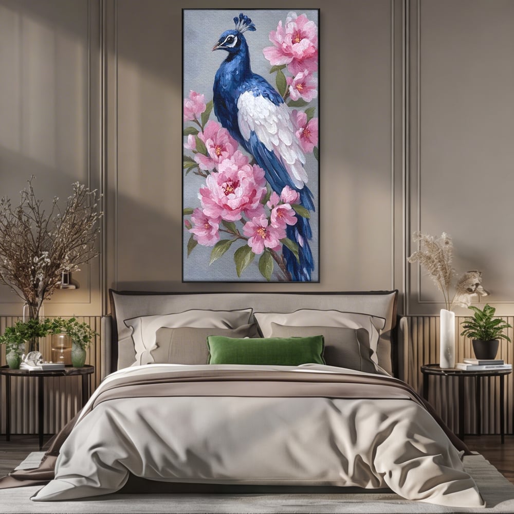 Tablou canvas cu tablou canvas cu paun si bujori roz, in rama de aluminiu negru, pe perete intr-un dormitor