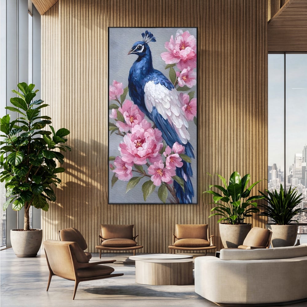 Tablou canvas cu tablou canvas cu paun si bujori roz, in rama de aluminiu negru, pe perete intr-un birou