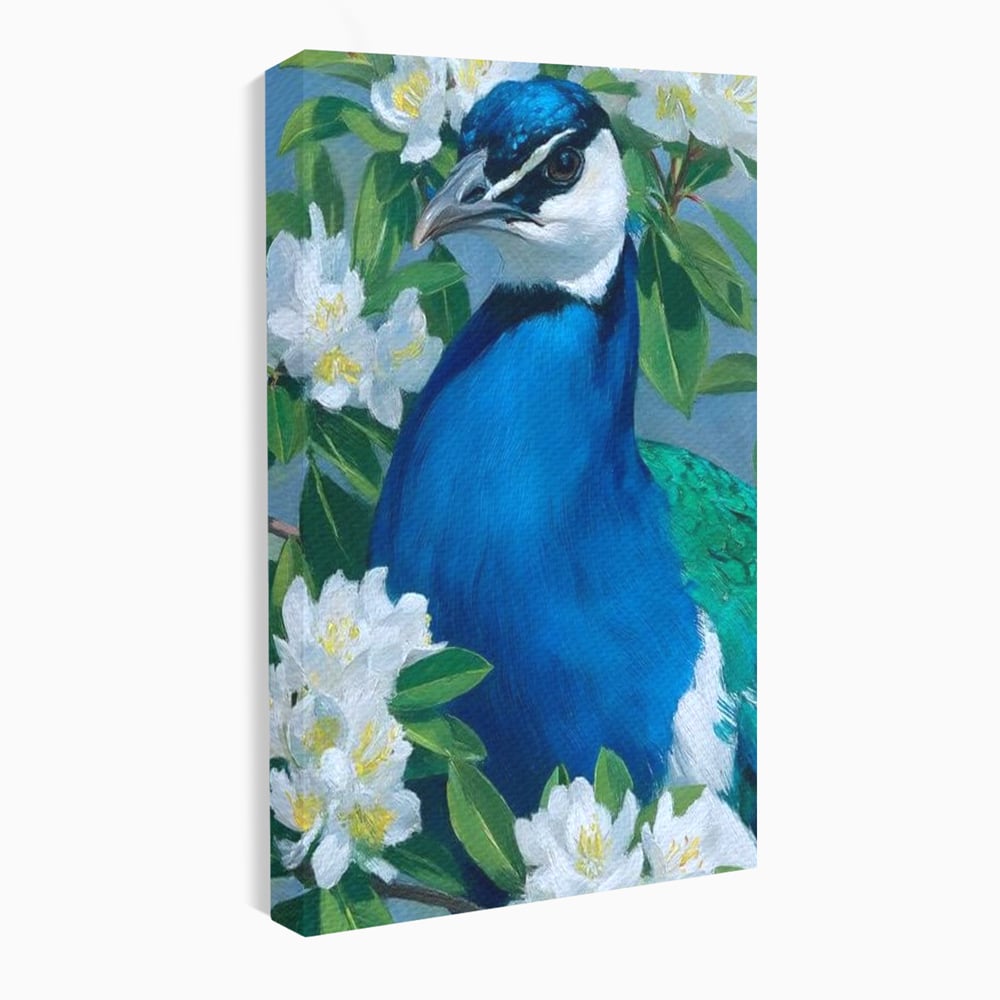 Tablou canvas cu tablou canvas cu paun si flori albe, fara rama, pe sasiu de lemn