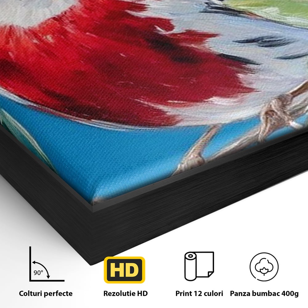Detaliu al suprafetei: tablou canvas cu pasare pe ramura, in rama de aluminiu negru