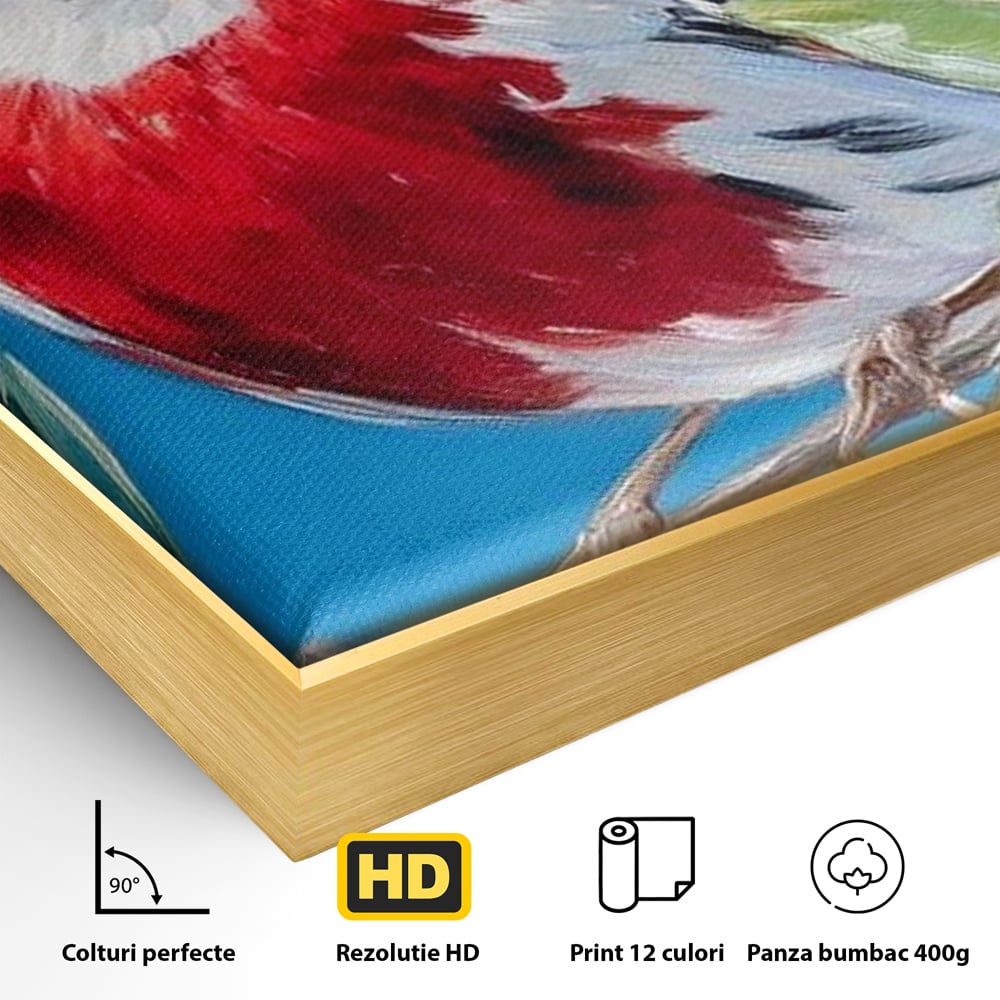 Detaliu al suprafetei: tablou canvas cu pasare pe ramura, in rama de aluminiu auriu