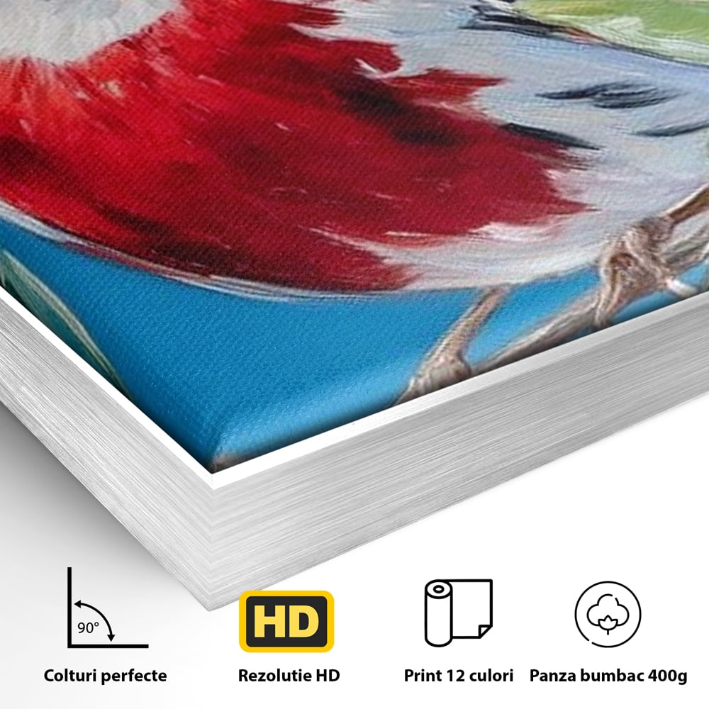 Detaliu al suprafetei: tablou canvas cu pasare pe ramura, in rama de aluminiu argintiu