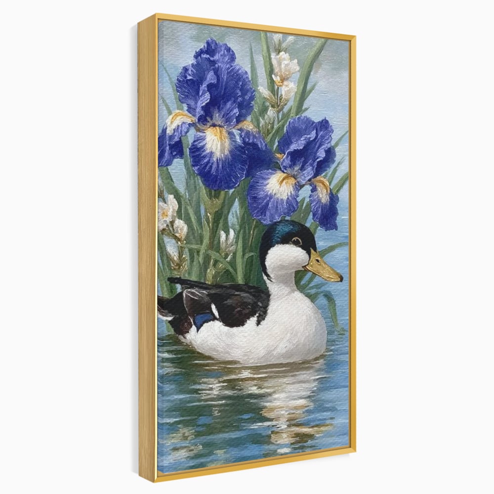 Tablou canvas cu tablou canvas cu rata pe lac si flori de iris, in rama de aluminiu auriu