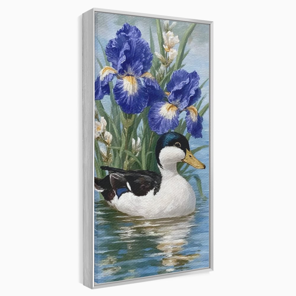 Tablou canvas cu tablou canvas cu rata pe lac si flori de iris, in rama de aluminiu argintiu