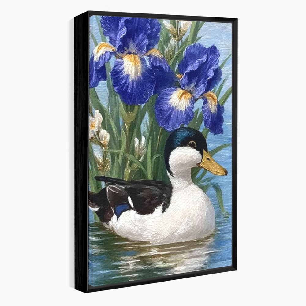 Tablou canvas cu tablou canvas cu rata pe lac si flori de iris, in rama de aluminiu negru