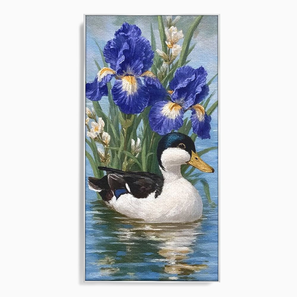 Tablou canvas cu tablou canvas cu rata pe lac si flori de iris, in rama de aluminiu argintiu