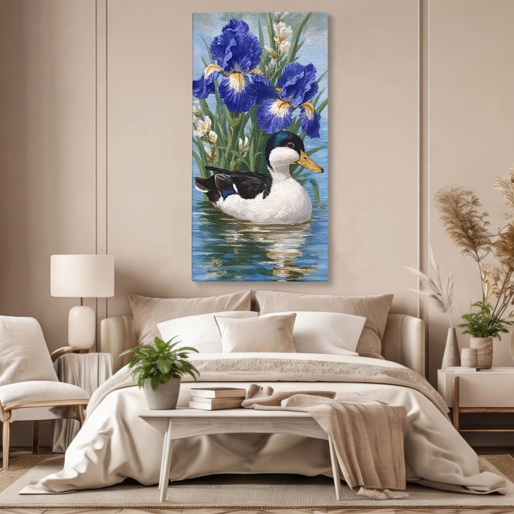 Tablou canvas cu tablou canvas cu rata pe lac si flori de iris, fara rama, pe sasiu de lemn, pe perete intr-un dormitor