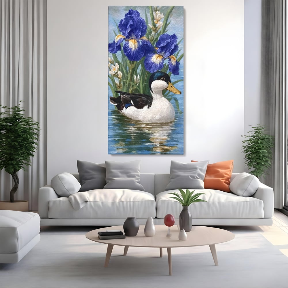 Tablou canvas cu tablou canvas cu rata pe lac si flori de iris, fara rama, pe sasiu de lemn, pe perete intr-un living