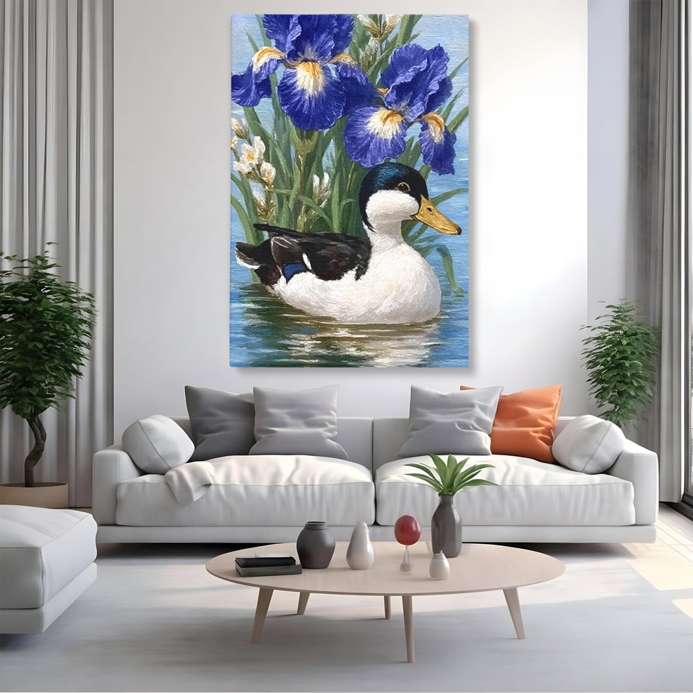 Tablou canvas cu tablou canvas cu rata pe lac si flori de iris, fara rama, pe sasiu de lemn, pe perete intr-un living