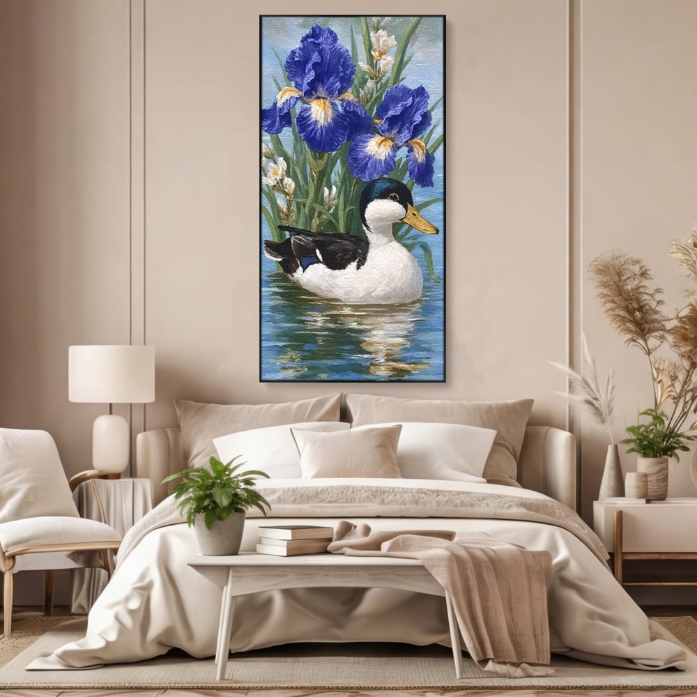 Tablou canvas cu tablou canvas cu rata pe lac si flori de iris, in rama de aluminiu negru, pe perete intr-un dormitor