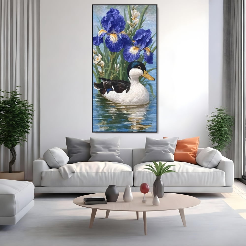 Tablou canvas cu tablou canvas cu rata pe lac si flori de iris, in rama de aluminiu negru, pe perete intr-un living