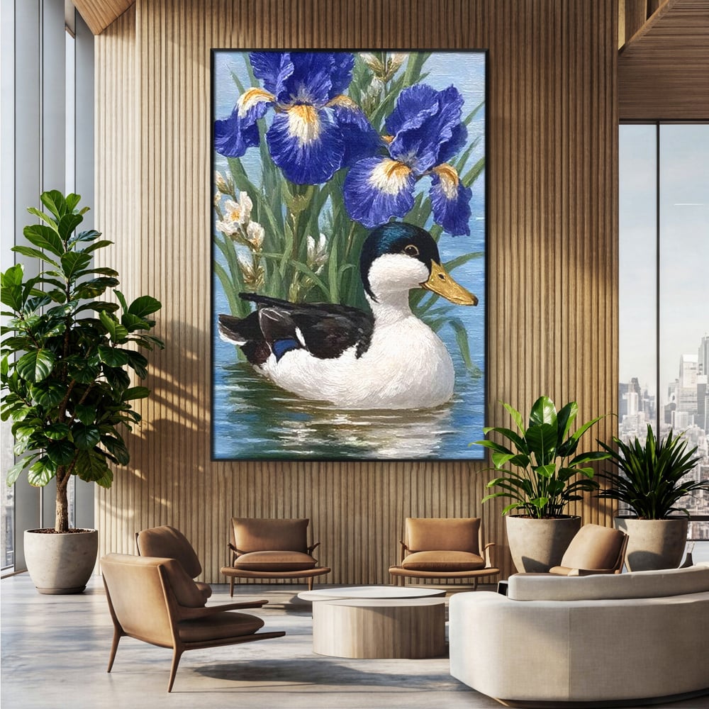 Tablou canvas cu tablou canvas cu rata pe lac si flori de iris, in rama de aluminiu negru, pe perete intr-un birou