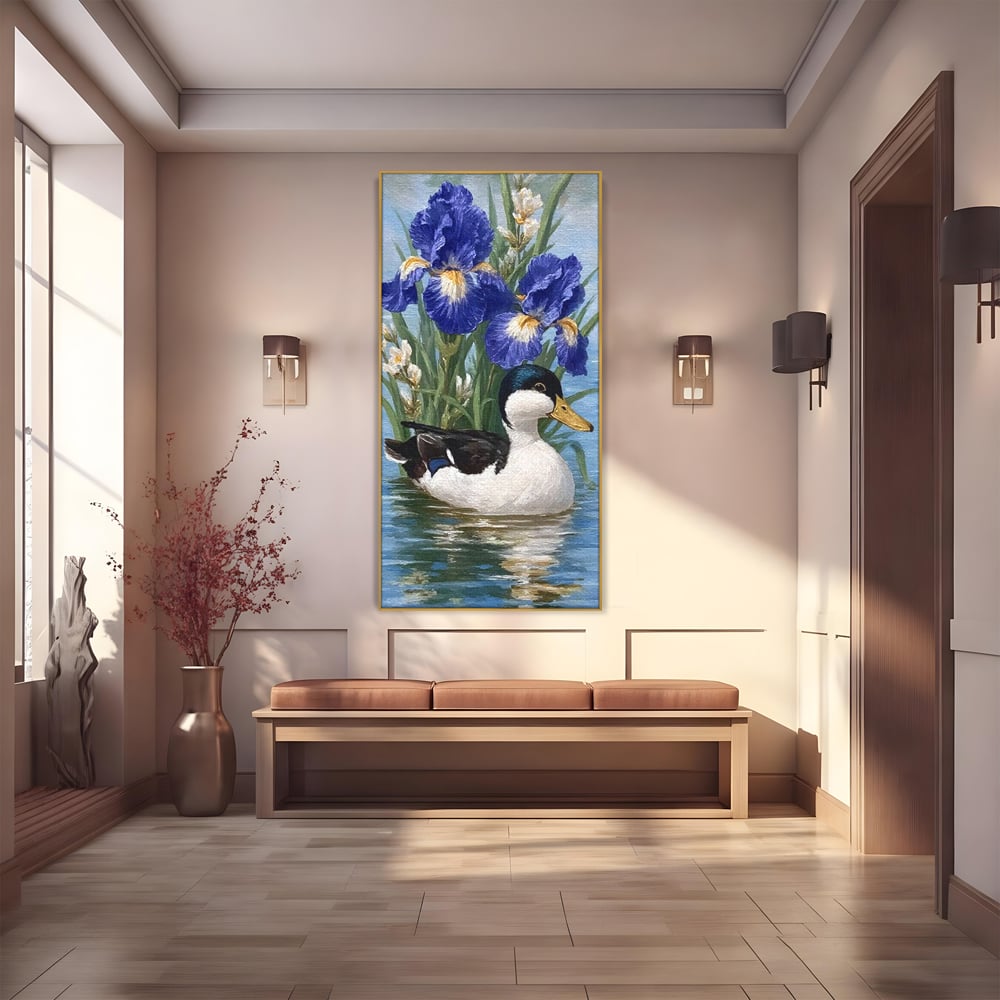 Tablou canvas cu tablou canvas cu rata pe lac si flori de iris, in rama de aluminiu auriu