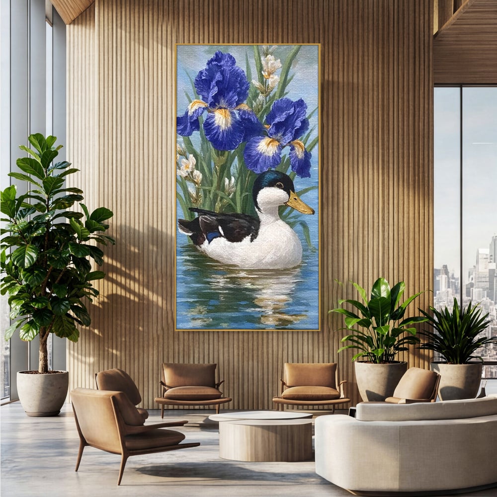 Tablou canvas cu tablou canvas cu rata pe lac si flori de iris, in rama de aluminiu auriu, pe perete intr-un birou