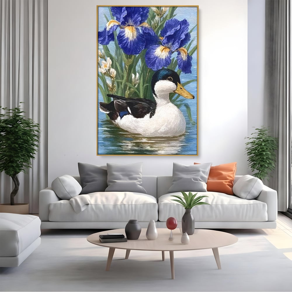 Tablou canvas cu tablou canvas cu rata pe lac si flori de iris, in rama de aluminiu auriu, pe perete intr-un living