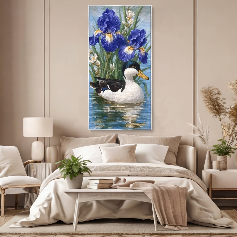 Tablou canvas cu tablou canvas cu rata pe lac si flori de iris, in rama de aluminiu argintiu, pe perete intr-un dormitor
