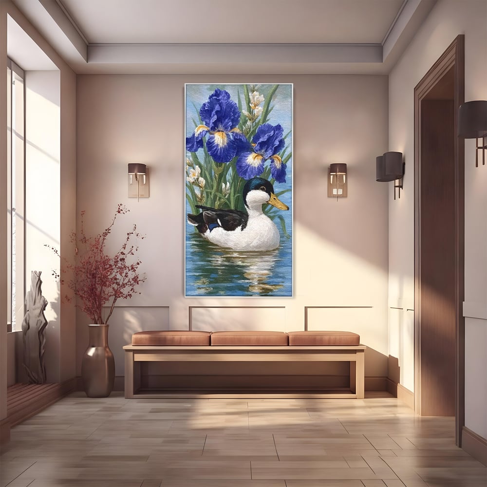 Tablou canvas cu tablou canvas cu rata pe lac si flori de iris, in rama de aluminiu argintiu