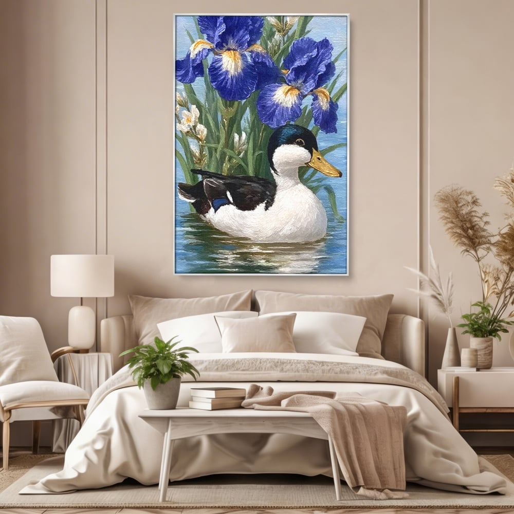 Tablou canvas cu tablou canvas cu rata pe lac si flori de iris, in rama de aluminiu argintiu, pe perete intr-un dormitor