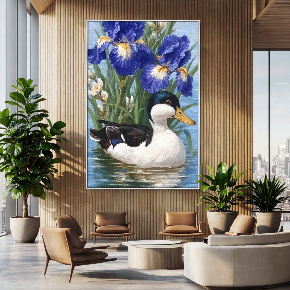 Tablou canvas cu tablou canvas cu rata pe lac si flori de iris, in rama de aluminiu argintiu, pe perete intr-un birou