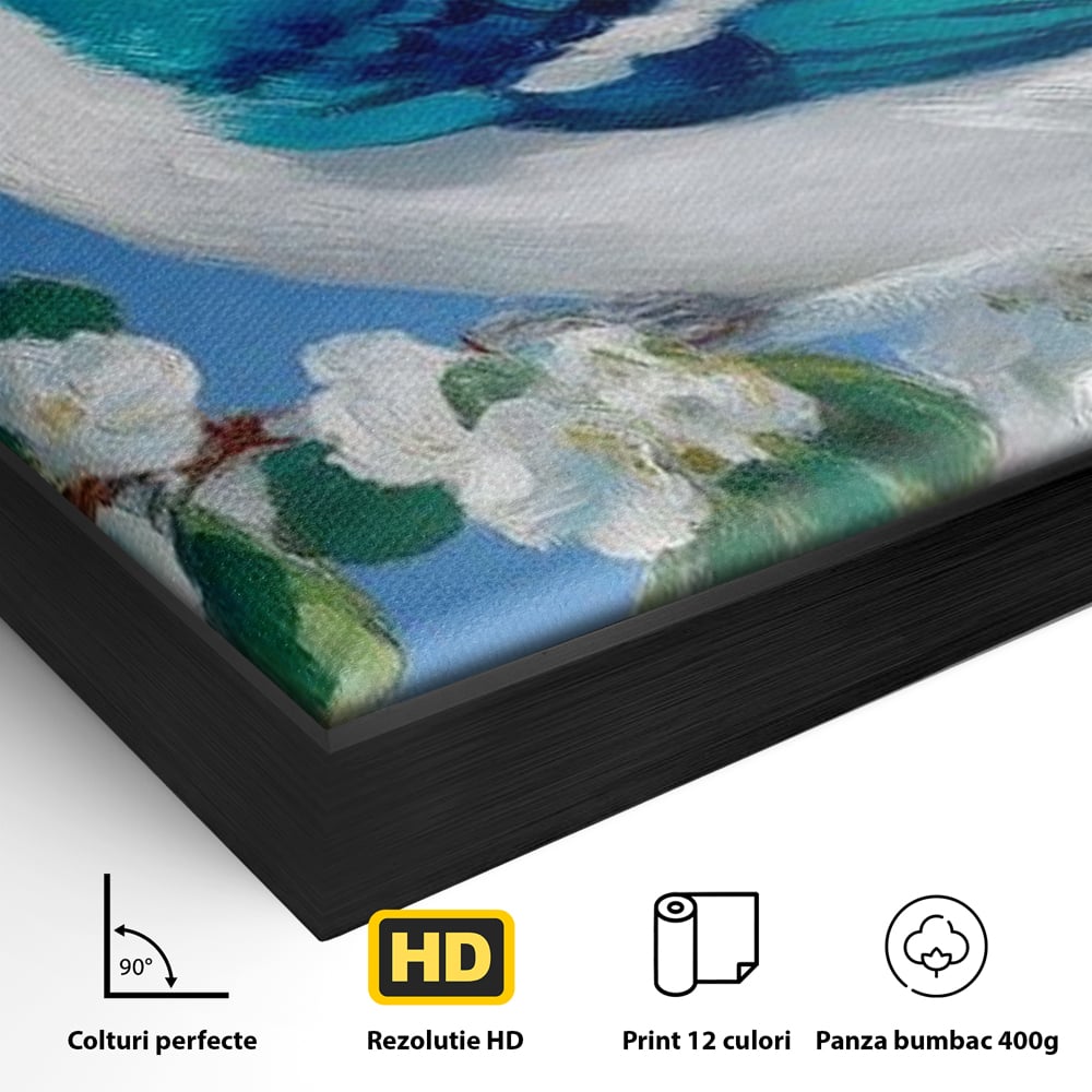 Detaliu al suprafetei: tablou canvas cu gai albastra pe ramura, in rama de aluminiu negru