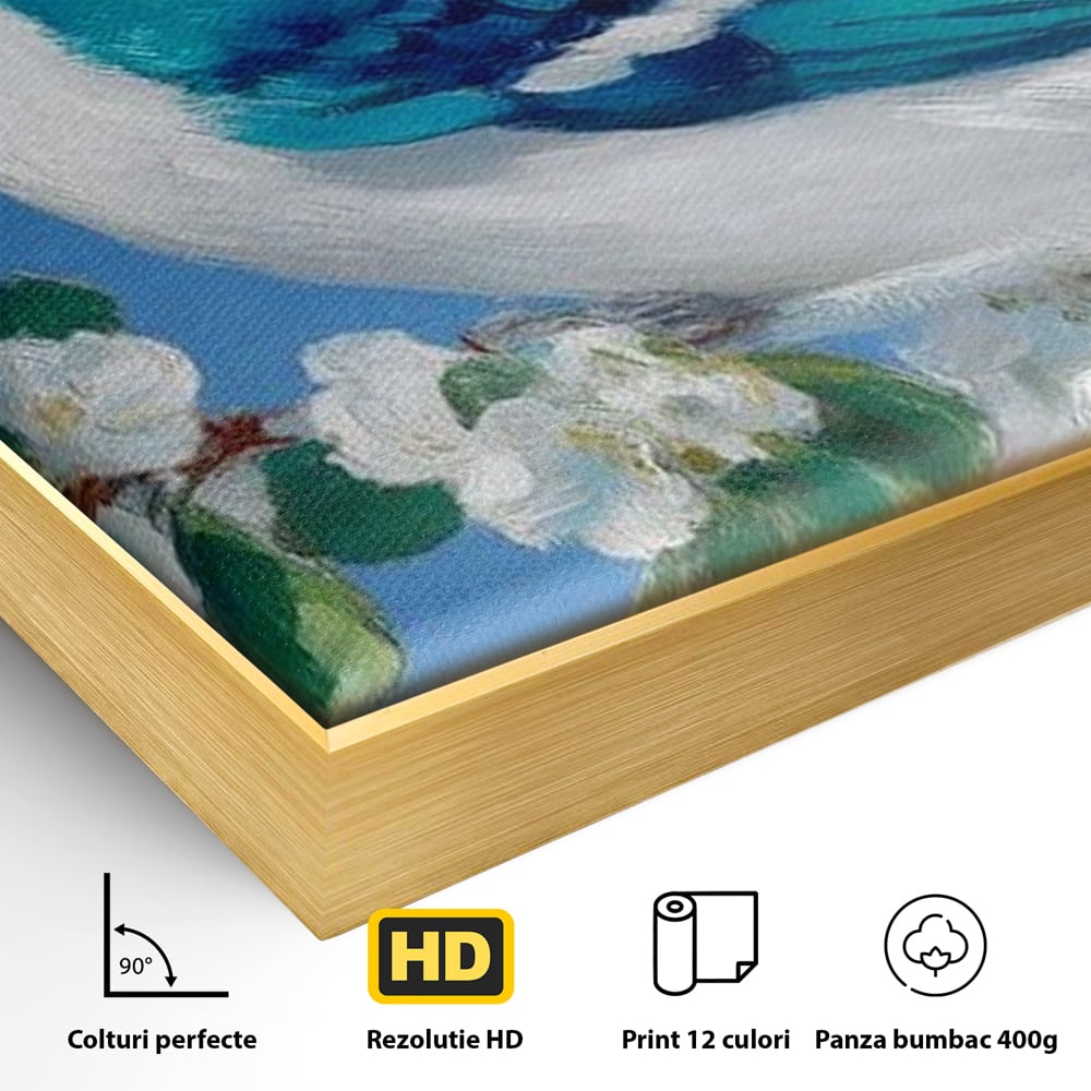 Detaliu al suprafetei: tablou canvas cu gai albastra pe ramura, in rama de aluminiu auriu