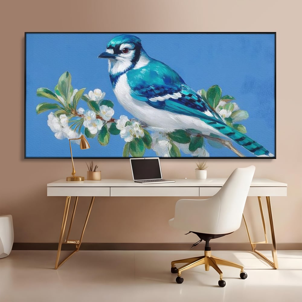 Tablou canvas cu tablou canvas cu gai albastra pe ramura, in rama de aluminiu negru, pe perete intr-un birou