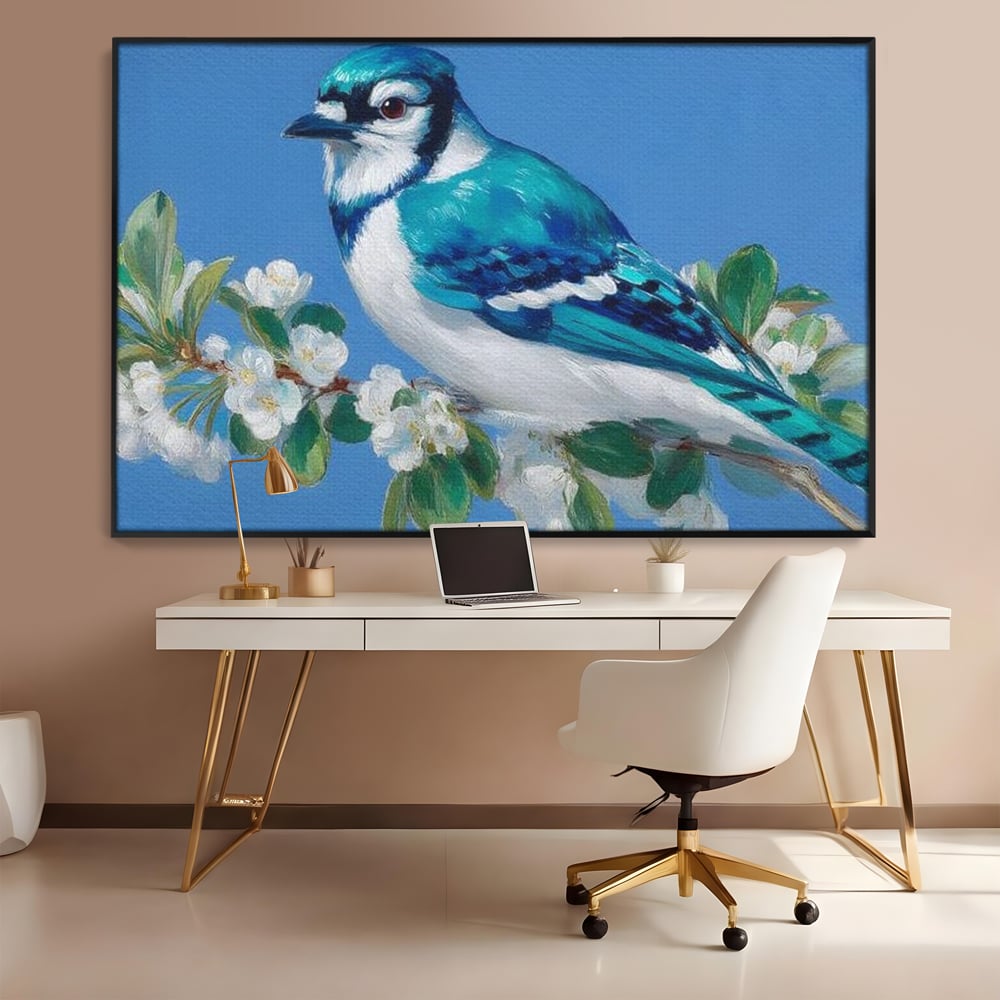 Tablou canvas cu tablou canvas cu gai albastra pe ramura, in rama de aluminiu negru, pe perete intr-un birou