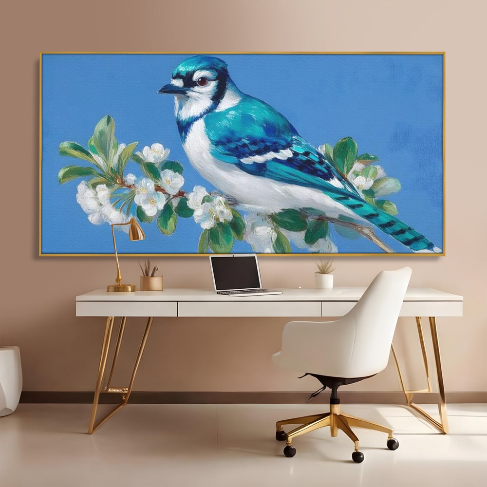 Tablou canvas cu tablou canvas cu gai albastra pe ramura, in rama de aluminiu auriu, pe perete intr-un birou